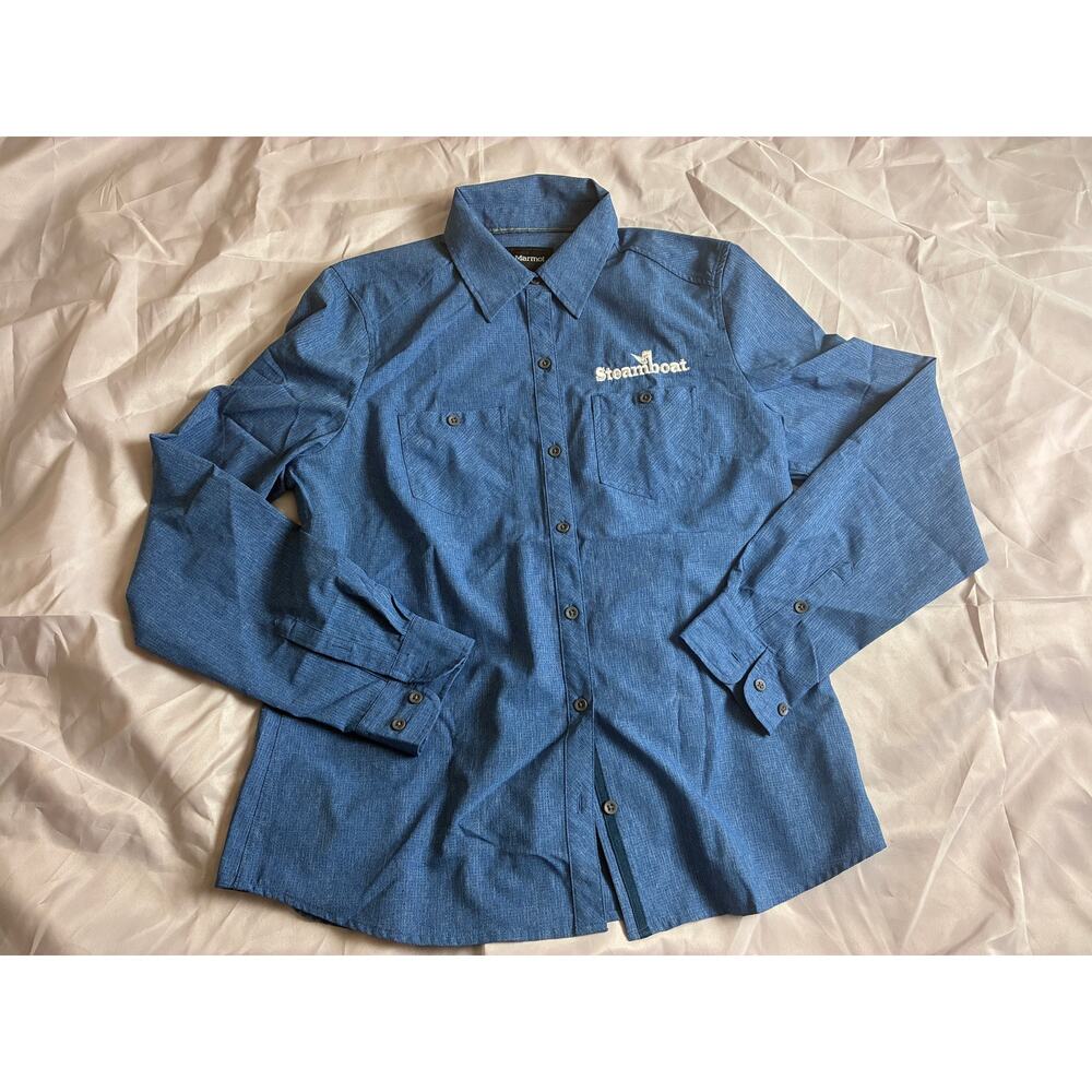 Marmot Men's Long Sleeve Button Down Shirt Large Blue Performance Steamboat Logo